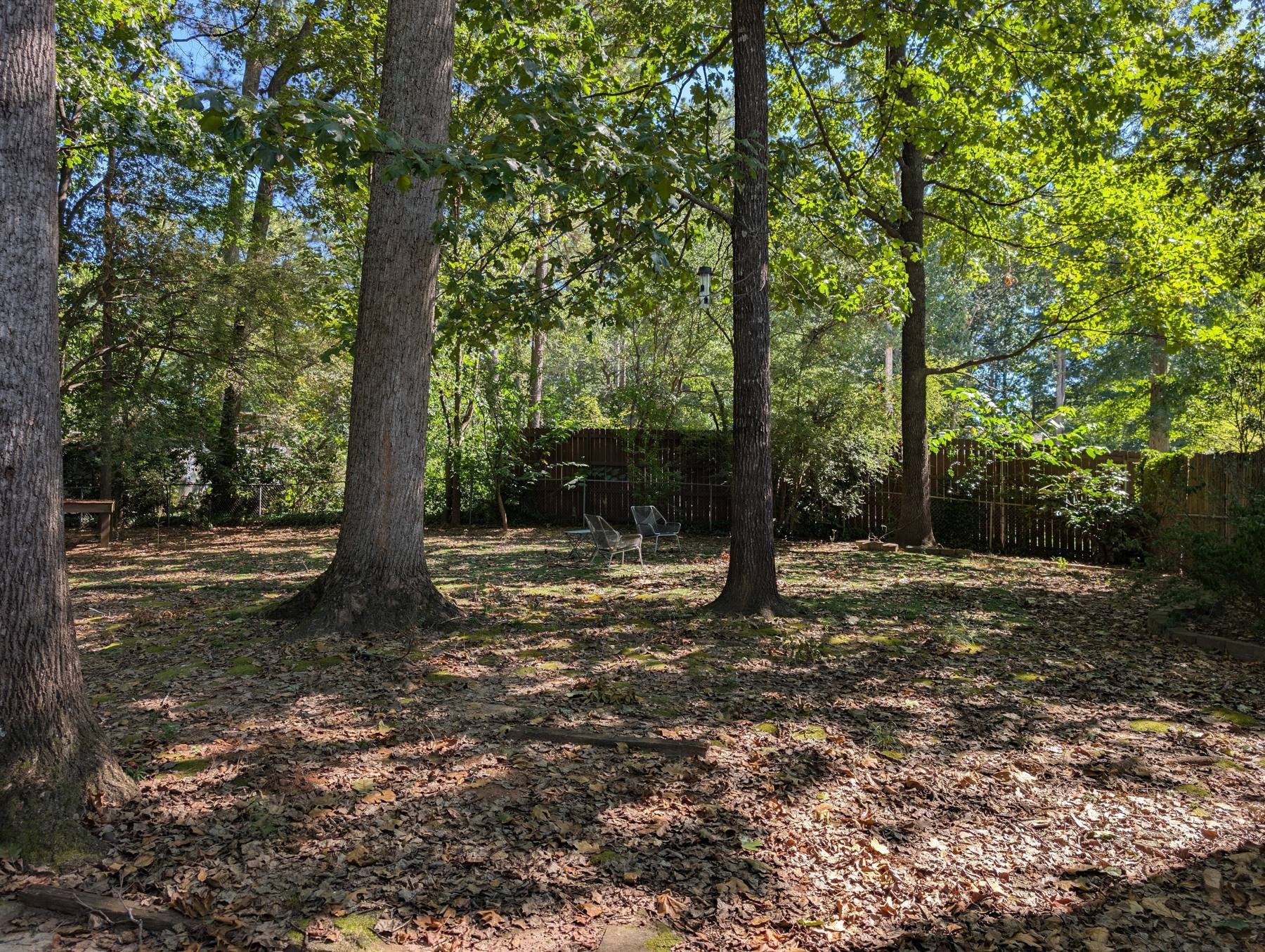 The flat, fenced backyard under tall hardwoods, with a wood privacy fence along the back